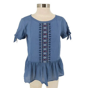 J.CREW Peplum Top Blue Embroidered Tie Short Sleeve Ruffle Button Shirt